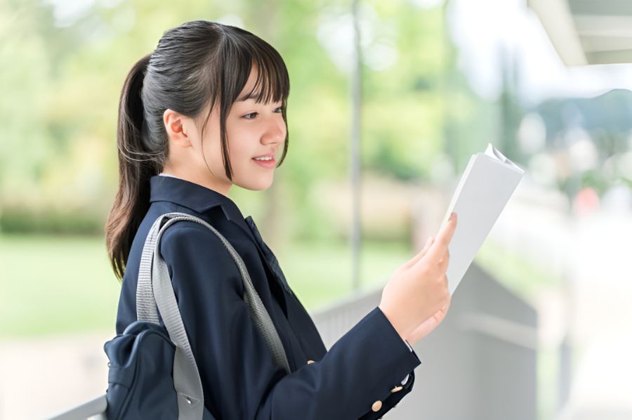 テキストを眺める女子高生