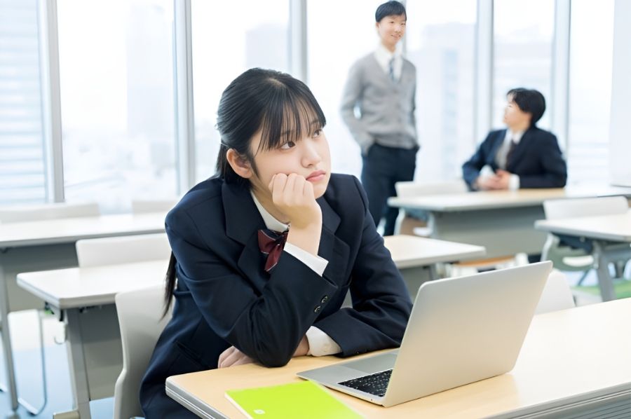 手に顎を置いて考える女子高生