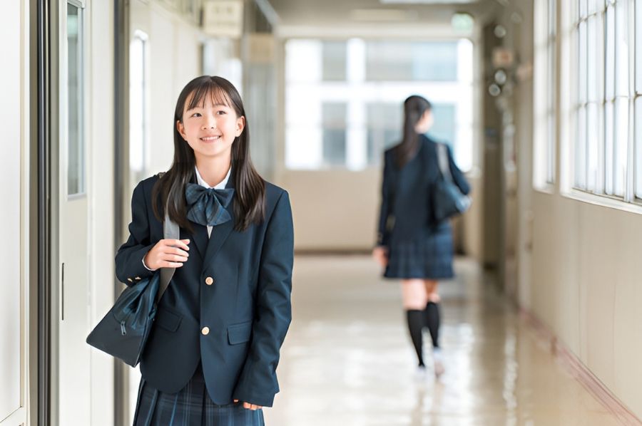 学校の廊下を歩く女子高生